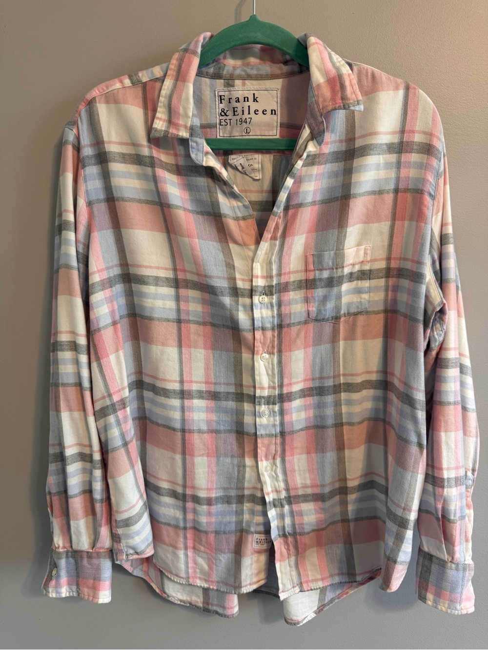 Frank & Eileen Pastel Plaid Button-Down Shirt Italian woven Women's Large NWOT